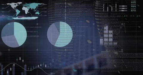 Image of data processing and globe on black background Foto stock