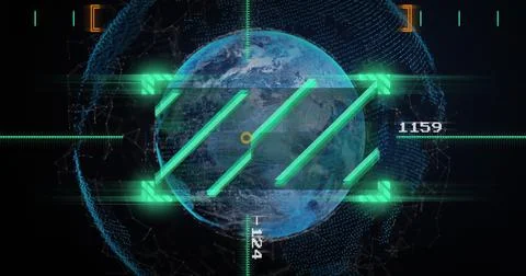 Image of data processing and globe on black background Foto stock