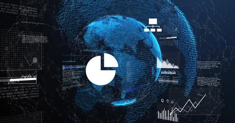 Image of data processing and globe on black background Foto stock