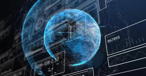 Image of data processing and globe on black background Foto stock