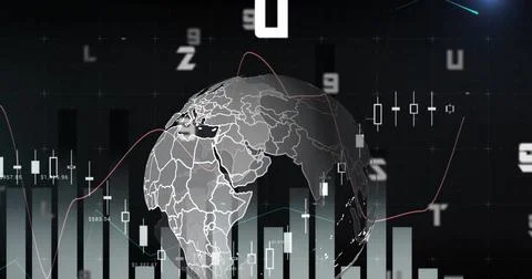 Image of data processing and globe over diagram on black background Stock Photos