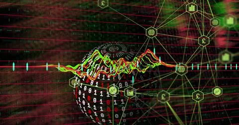 Image of data processing and globe over network of connections with icons 스톡 사진
