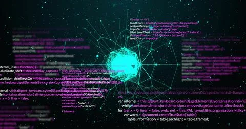 Image of data processing and globe over stars Foto stock