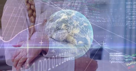 Image of data processing and globe over caucasian girl with teddy bear Stock Photos