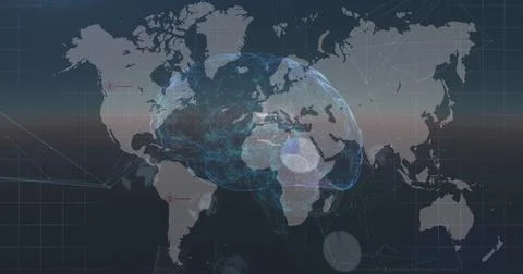 Image of data processing and globe over blue background 스톡 사진