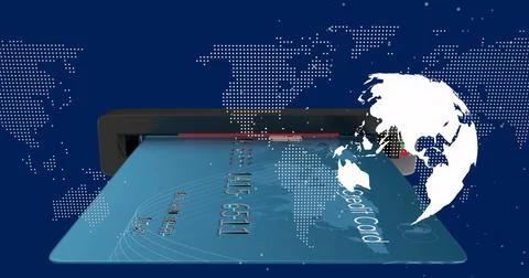 Image of data processing and globe over blue background 写真素材
