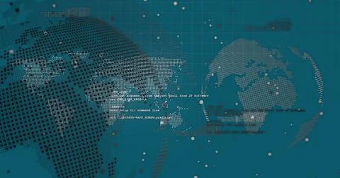 Image of data processing and globe over blue background 写真素材