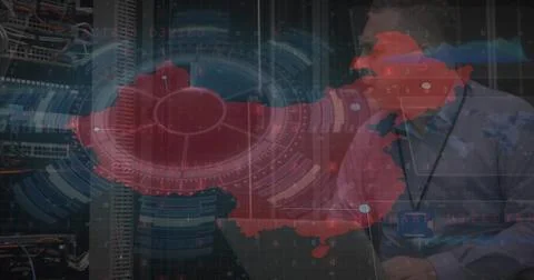 Image of data processing and globe over server room Stockfoto's