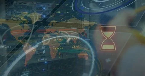 Image of data processing and globe over server room Stock Photos