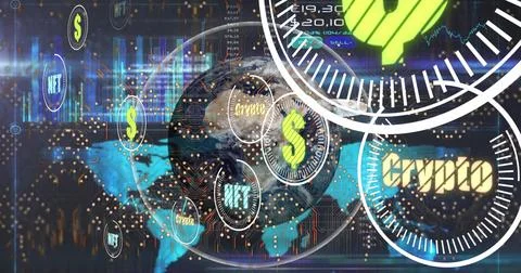 Image of data processing and globe on blue background Stock Photos