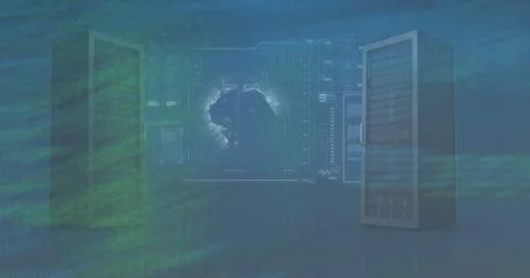 Image of data processing and globe on blue background Stock Photos