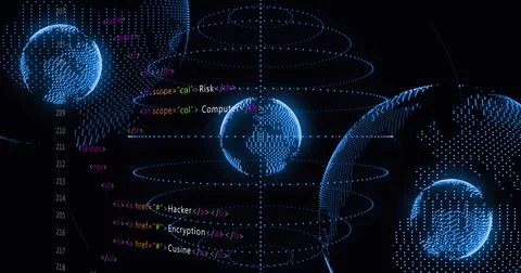 Image of data processing and globes on black background Stockillustratie