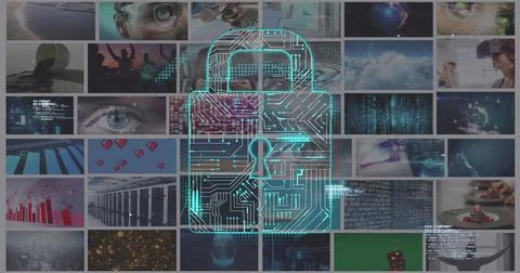 Image of data processing and glowing padlock over various clips playing on Stock Photos