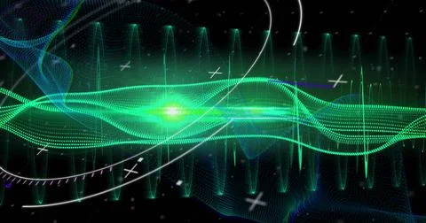 Image of data processing and glowing light trails on blue background Foto stock