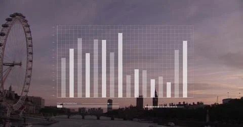 Image of data processing and graph over london cityscape Stock Photos