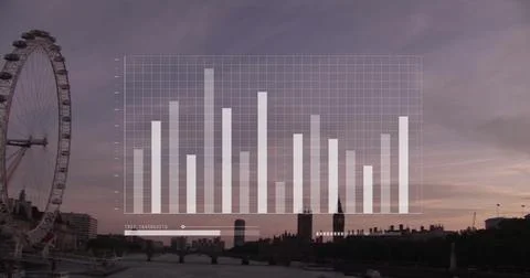 Image of data processing and graph over london cityscape Stock Photos