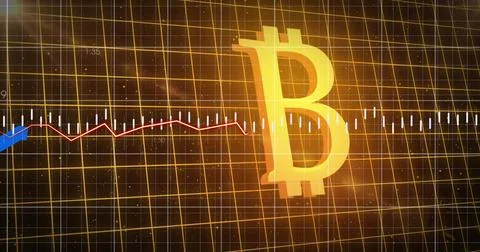 Image of data processing and graph over bitcoin symbol on black background Foto stock