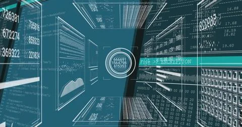 Image of data processing and graphs on black background Foto stock