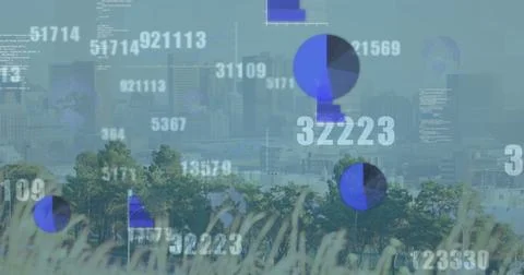 Image of data processing and graphs over cityscape 스톡 사진