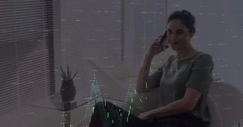 Image of data processing and graphs over caucasian woman having call on Foto stock