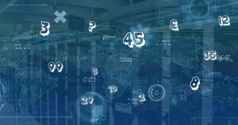 Image of data processing and graphs and charts over computer server room Stock Photos