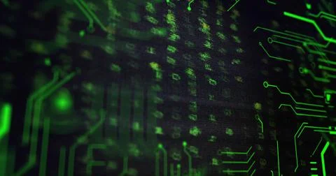 Image of data processing and green integrated circuit on black background Illustrazione stock