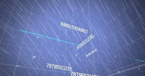 Image of data processing and grid on blue background Stockillustratie