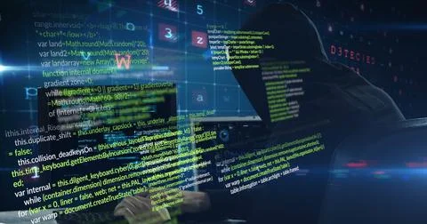 Image of data processing and hacker on black background Illustrazione stock