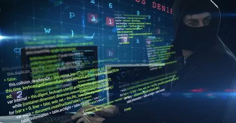 Image of data processing and hacker on black background イラスト素材