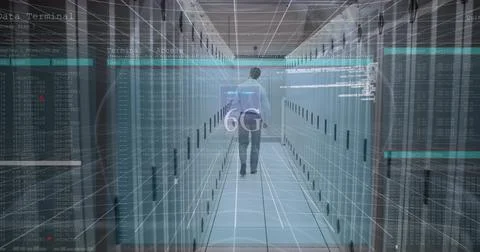 Image of data processing and hacker over caucasian businessman in server room Photos