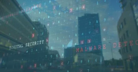 Image of data processing and hacking texts over cityscape Illustrazione stock