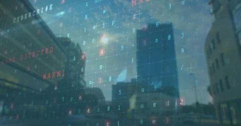 Image of data processing and hacking texts over cityscape 스톡 사진