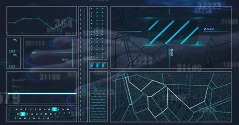 Image of data processing and hand on black background 스톡 일러스트