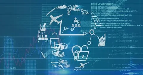 Image of data processing and icons over dark background Stockillustratie