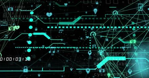 Image of data processing and icons on black background Illustrazione stock