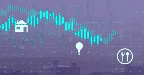 Image of data processing and icons over cityscape Stock Illustration