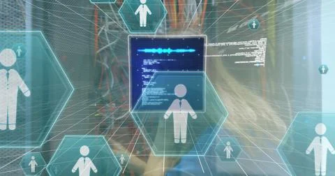 Image of data processing and icons over caucasian businesswoman in server room Illustrazione stock