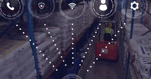 Image of data processing and icons over caucasian man working in warehouse Foto stock