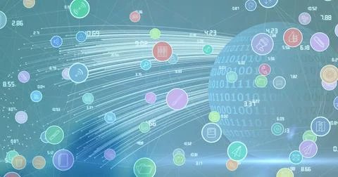 Image of data processing and icons over digital screen 写真素材