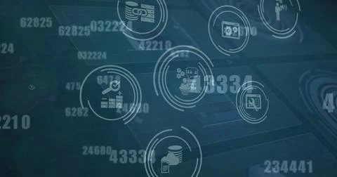 Image of data processing and icons over digital screen Stock Photos