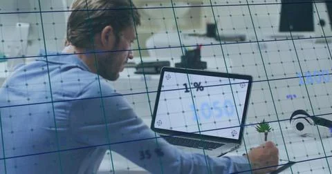 Image of data processing and icons with numbers over caucasian man using laptop Stock Photos