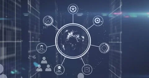 Image of data processing and icons over cityscape Fotos de archivo