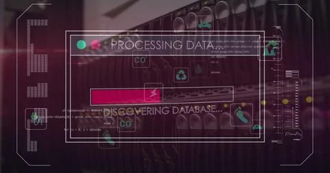 Image of data processing and icons on digital screen over black background Foto stock