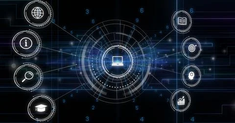 Image of data processing and icons on black background 스톡 사진