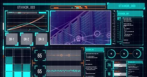 Image of data processing and icons over server room Stock Photos