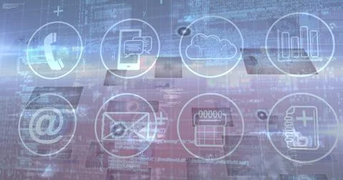 Image of data processing and icons over blue background 写真素材