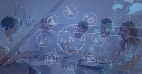 Image of data processing and icons over diverse business people in office Stock Photos