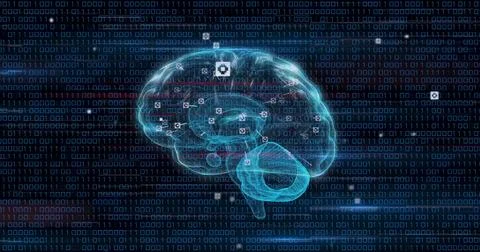 Image of data processing and icons over digital brain spinning 库存照片