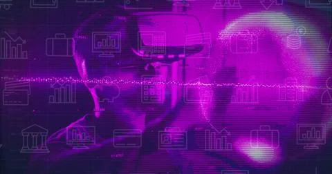 Image of data processing and icons over african american man in vr headset Stock Photos