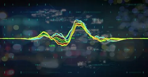 Image of data processing and icons over city lights and dark background Stock Photos